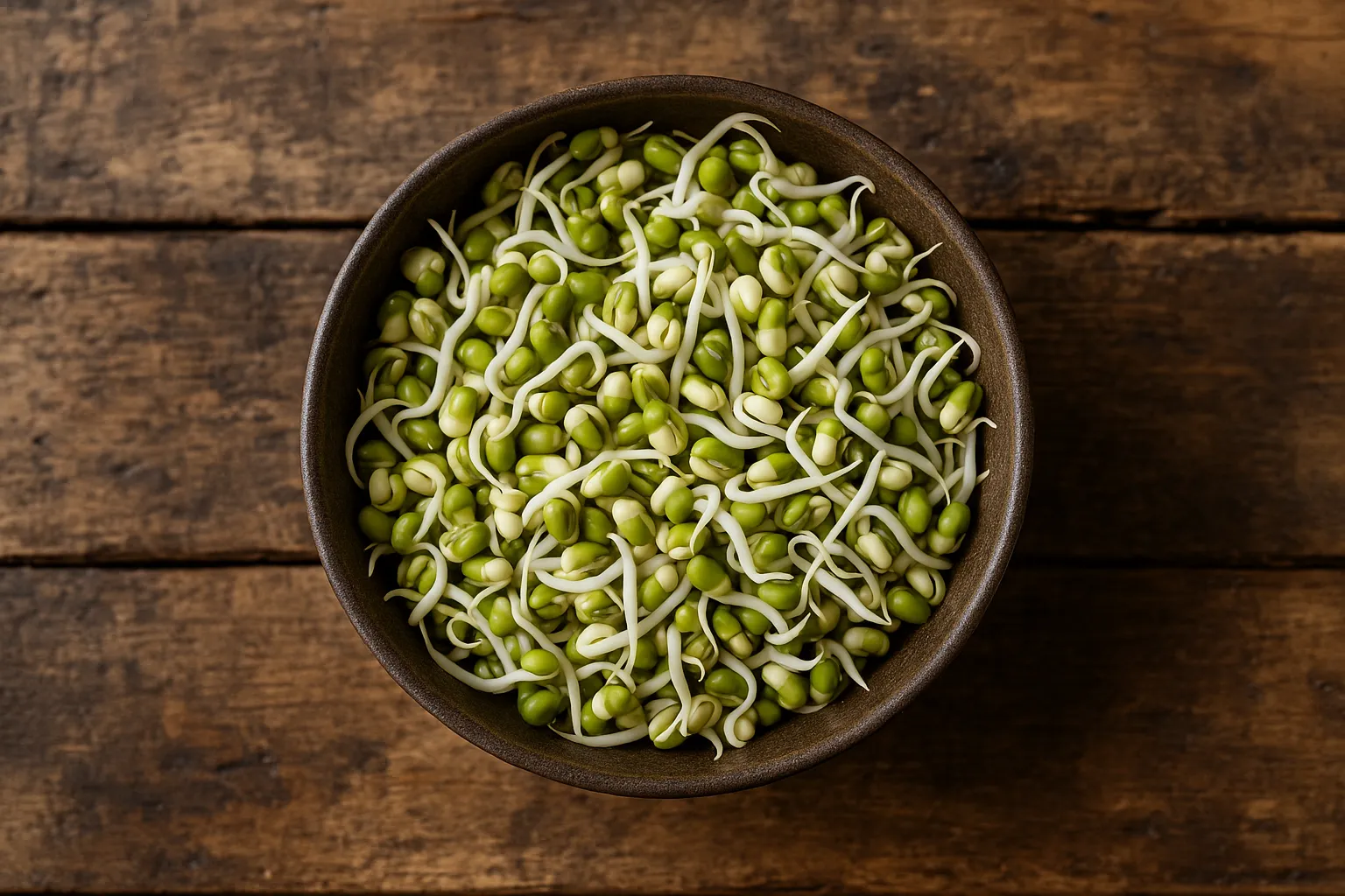 Fresh moong sprouts on rustic wooden table - 30 calories per 100g