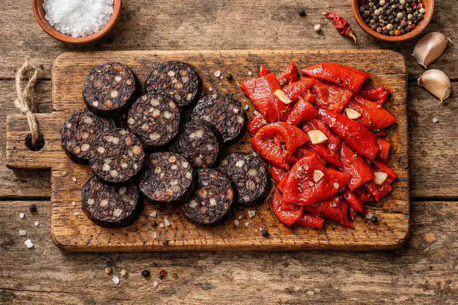 Fresh morcilla with piquillo peppers on rustic wooden table - 220 calories per 80g tapas serving