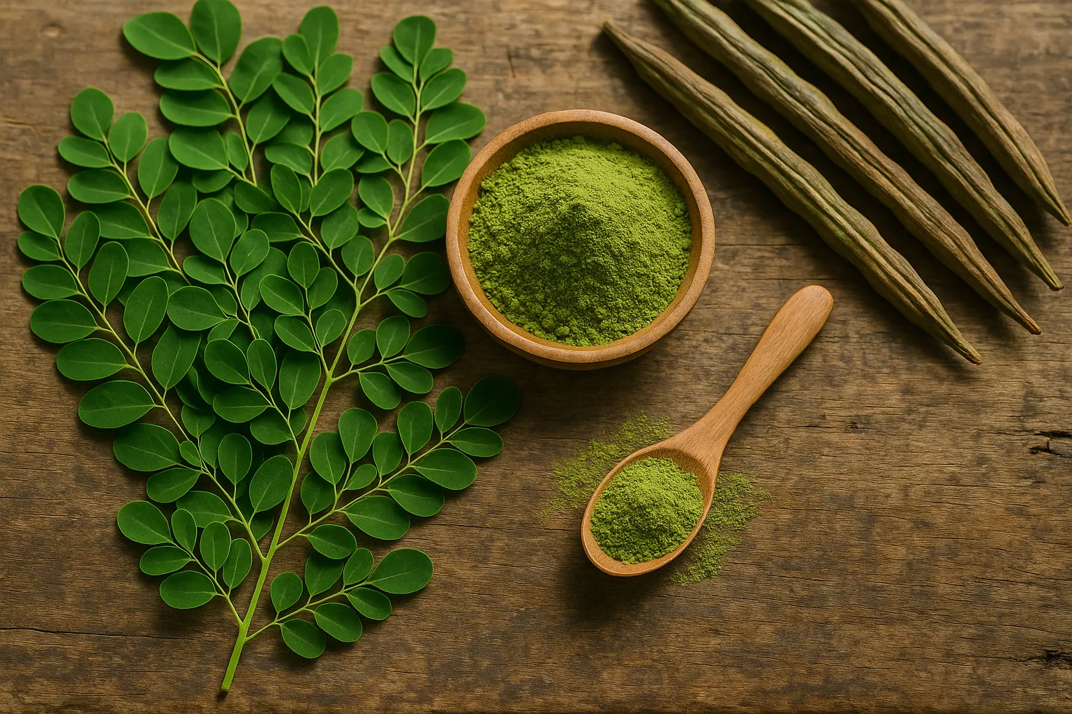 Fresh moringa leaves and powder on rustic wooden table - 6 calories per 2g serving