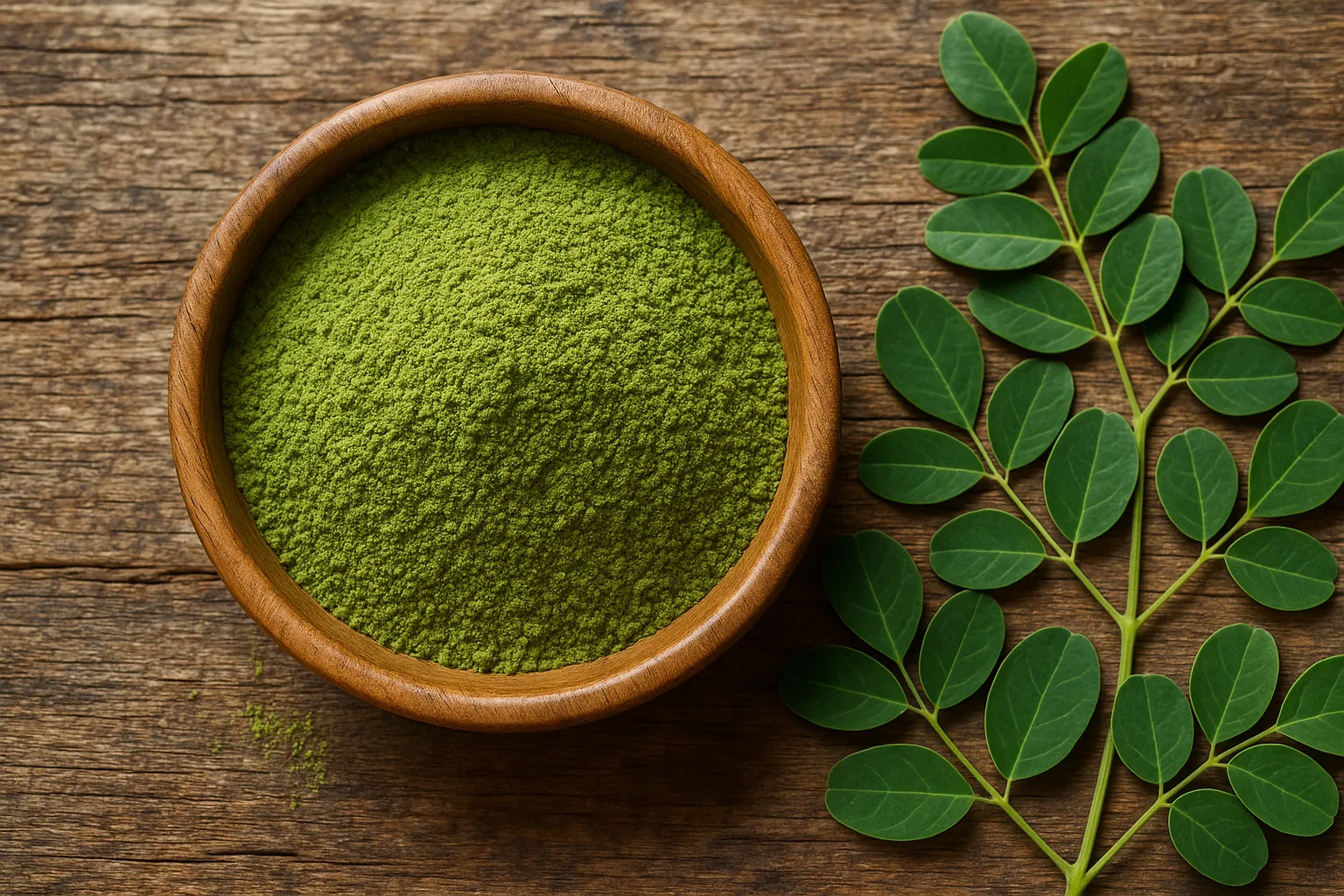 Fresh moringa powder on rustic wooden table - 25 calories per tablespoon