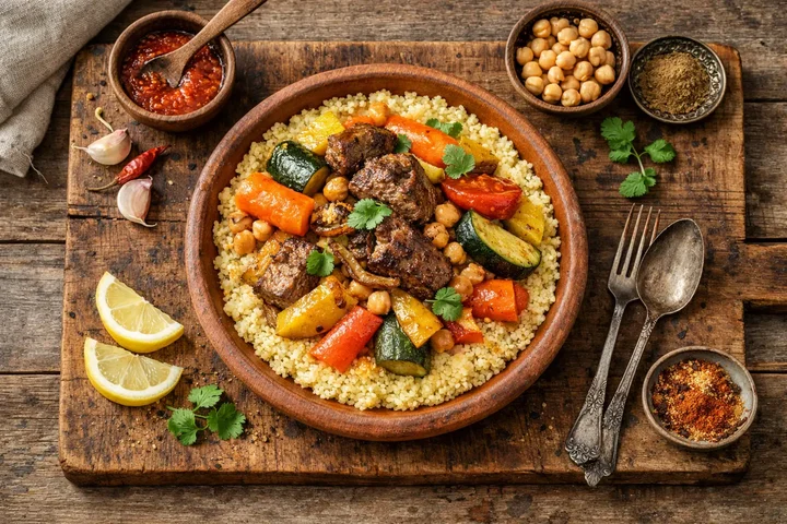 रस्टिक वुडेन टेबल पर वेजिटेबल्स के साथ ताजा Moroccan couscous - 180 कैलोरी प्रति कप