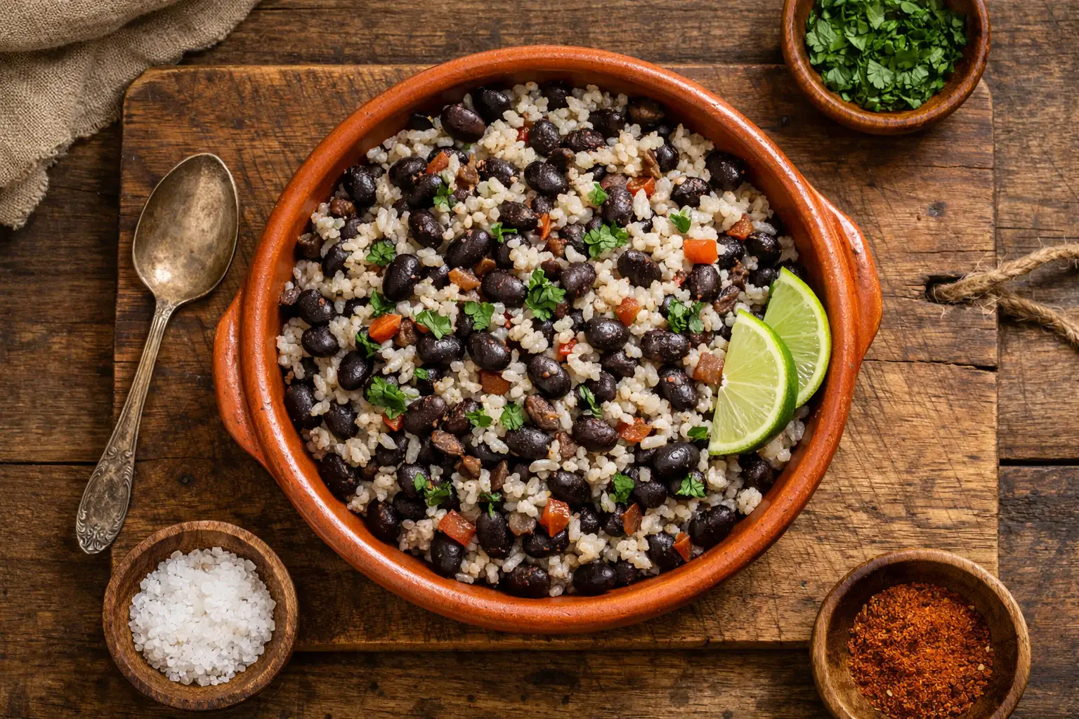 Frisches Moros y Cristianos auf rustikalem Holztisch - 350 Kalorien pro Tasse