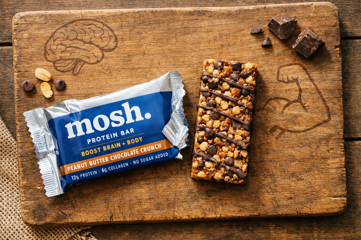 Fresh mosh brain fuel protein bar on rustic wooden table - 170-180 calories per bar