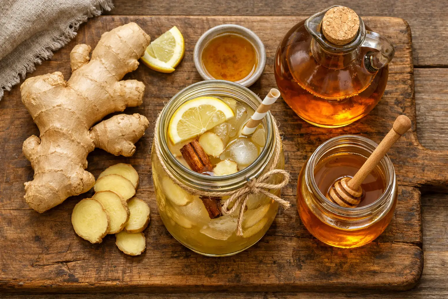 Frischer Ginger Switchel auf rustikalem Holztisch - 19 Kalorien pro 100 ml verdünnt