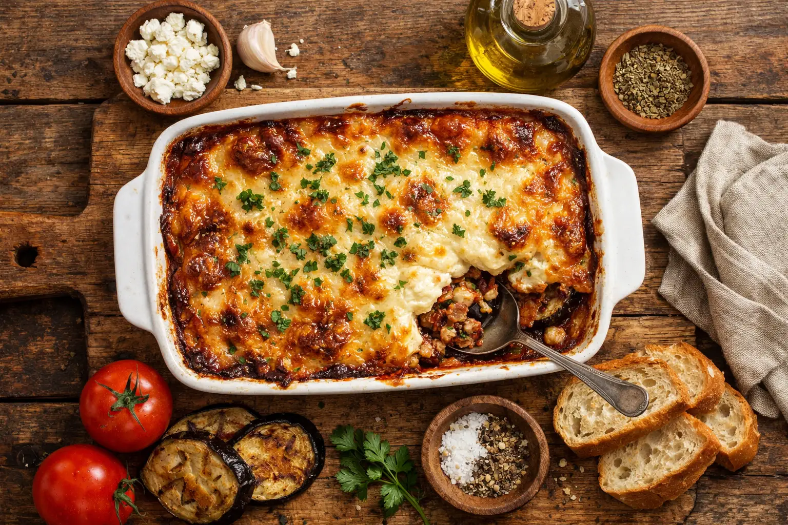 Fresh moussaka on rustic wooden table - 350 calories per serving