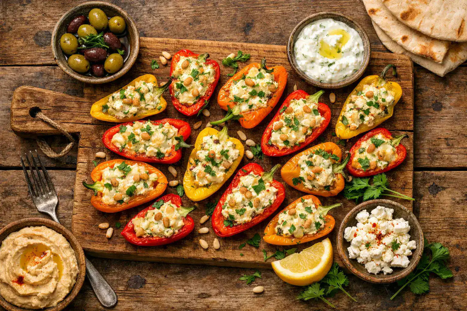 Mrs Elswood Mezze Peppers frais sur une table en bois rustique - 80 calories pour 100 g