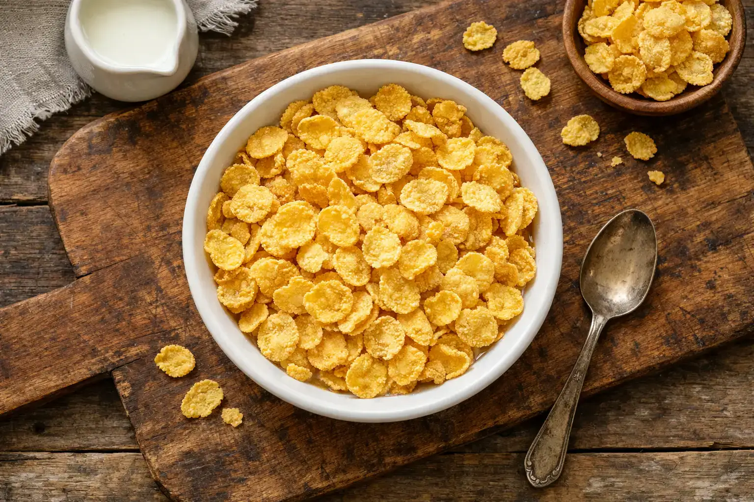 Frische Corn Flakes auf rustikalem Holztisch - 107 Kalorien pro 30 g Portion