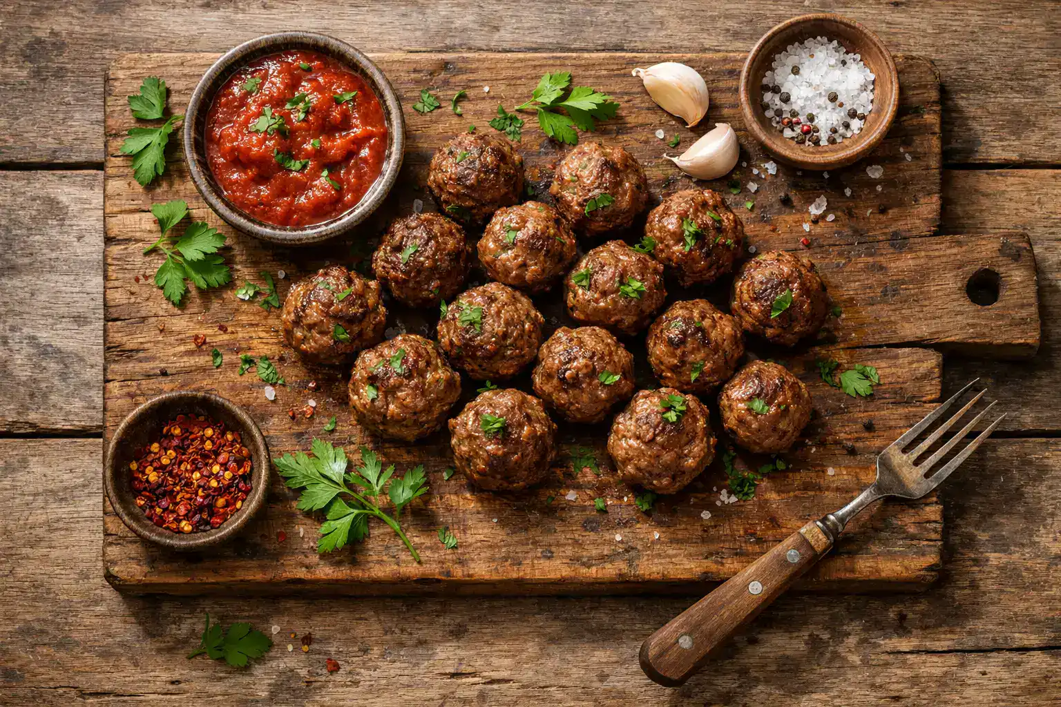 रस्टिक लकड़ी की टेबल पर ताज़ा बीफ मीटबॉल - प्रति 100g सर्विंग 265 कैलोरी