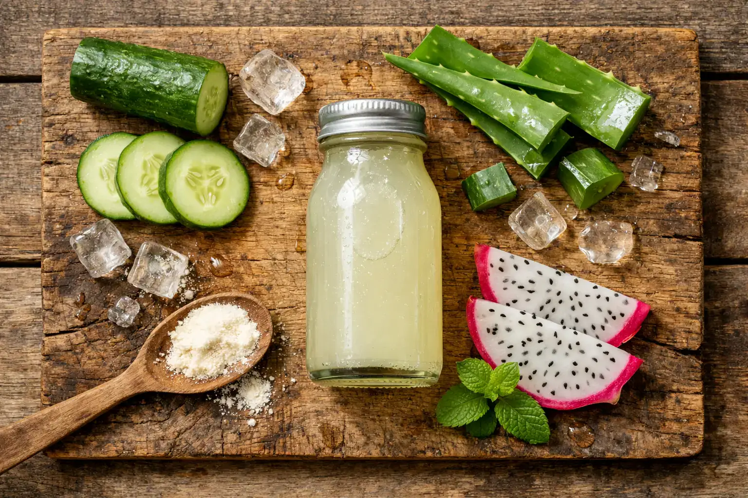 रस्टिक लकड़ी की टेबल पर ताज़ा M&S Cold Pressed Collagen Shot - प्रति 100ml शॉट 25 कैलोरी