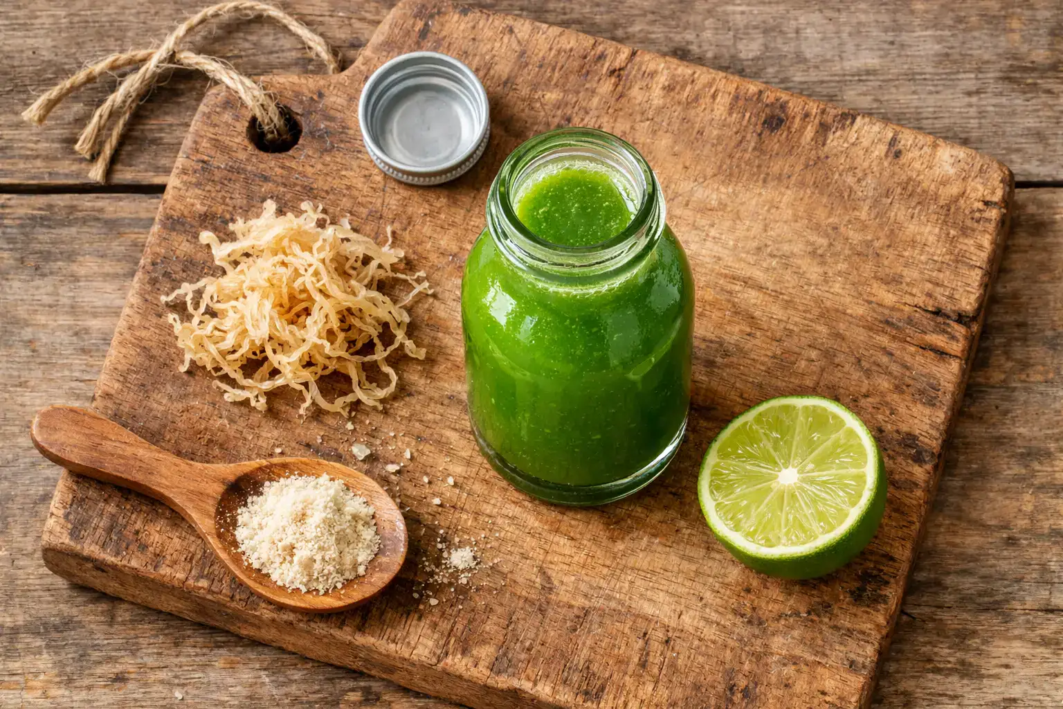 Frischer M&S Cold Pressed Sea Moss Shot auf rustikalem Holztisch - 19 Kalorien pro 100-ml-Shot