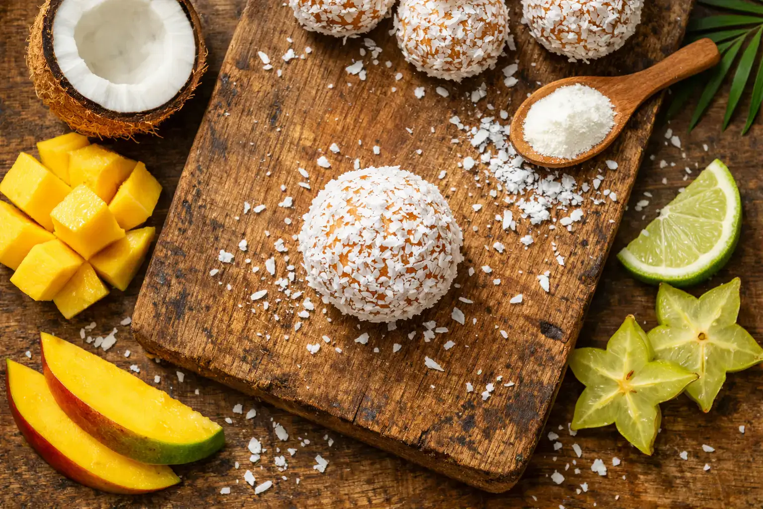 M&S Collagen Mango Coconut Ball sobre mesa de madera rústica - 148 calorías por bola de 40 g