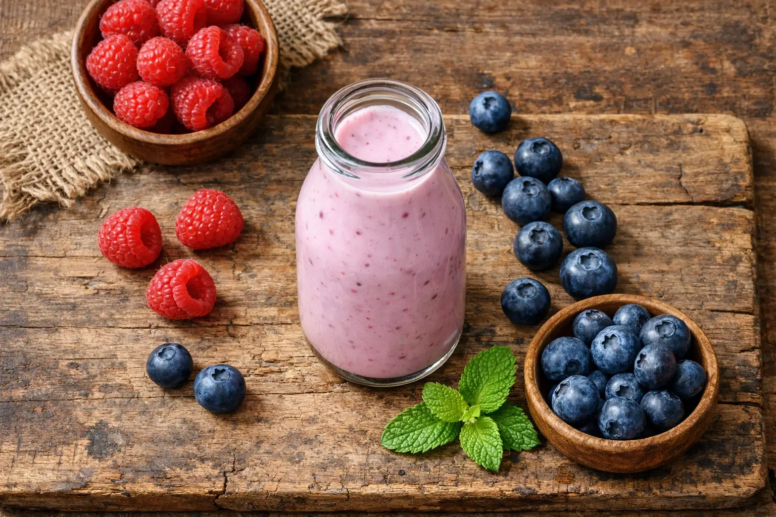 Fresh berry kefir shot on rustic wooden table - 90 calories per 150ml shot