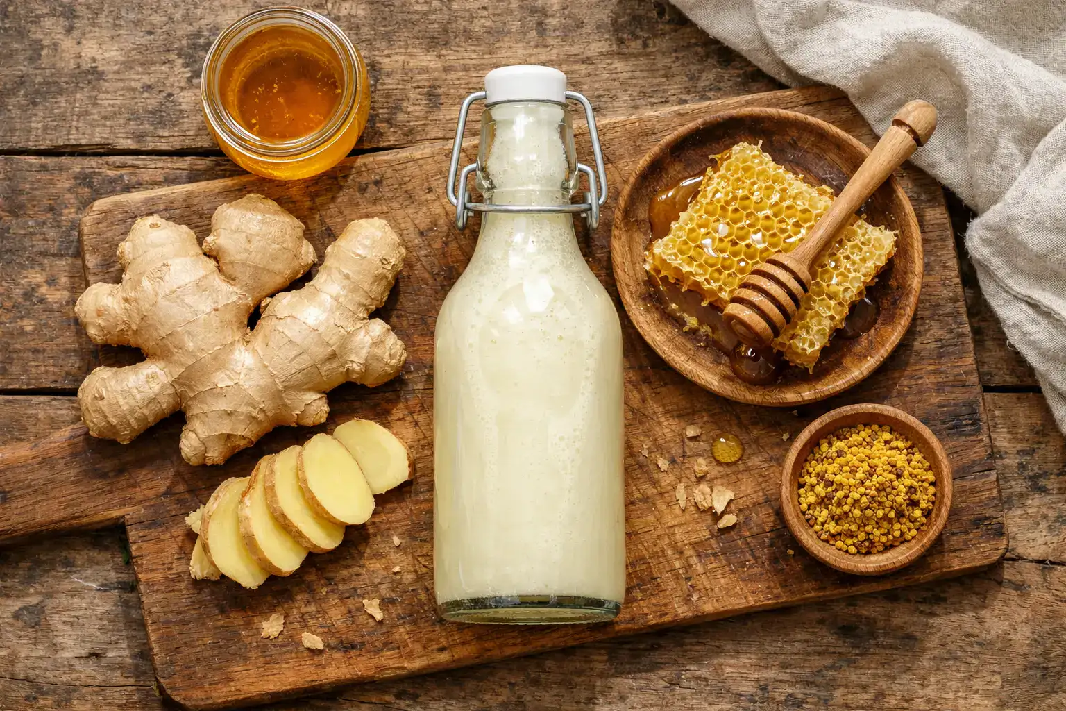 Bebida fresca de kefir con miel y jengibre sobre mesa de madera rústica - 90 calorías por botella de 500 ml