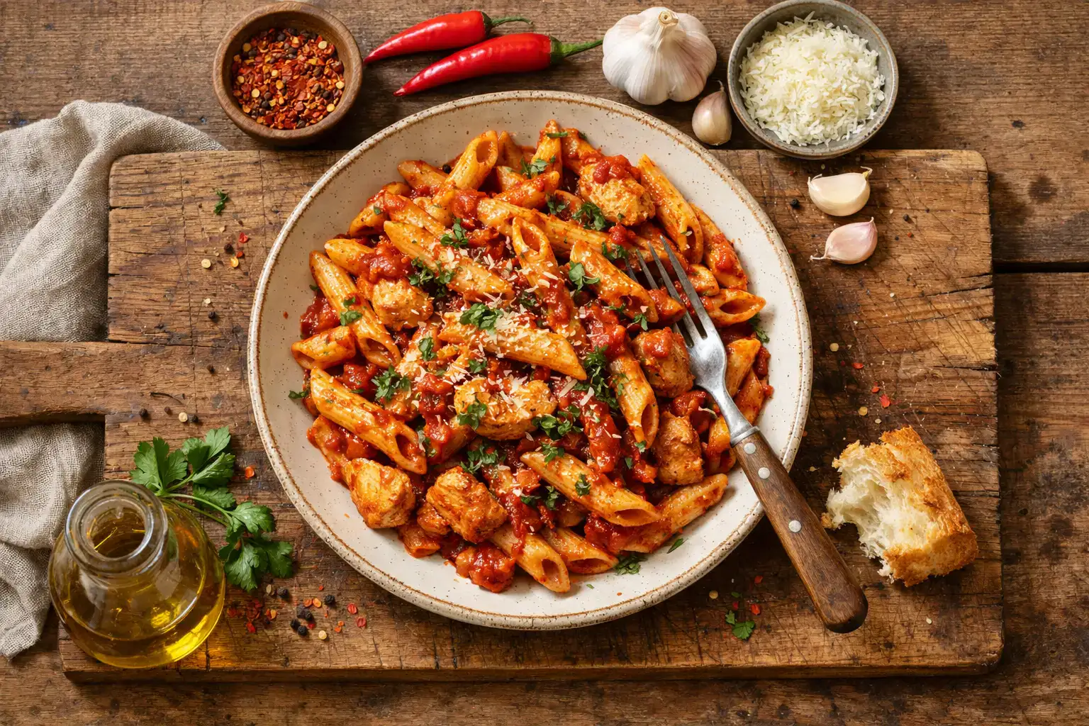 रस्टिक लकड़ी की टेबल पर M&S High Protein Chicken Arrabbiata - प्रति पोर्शन 420 कैलोरी