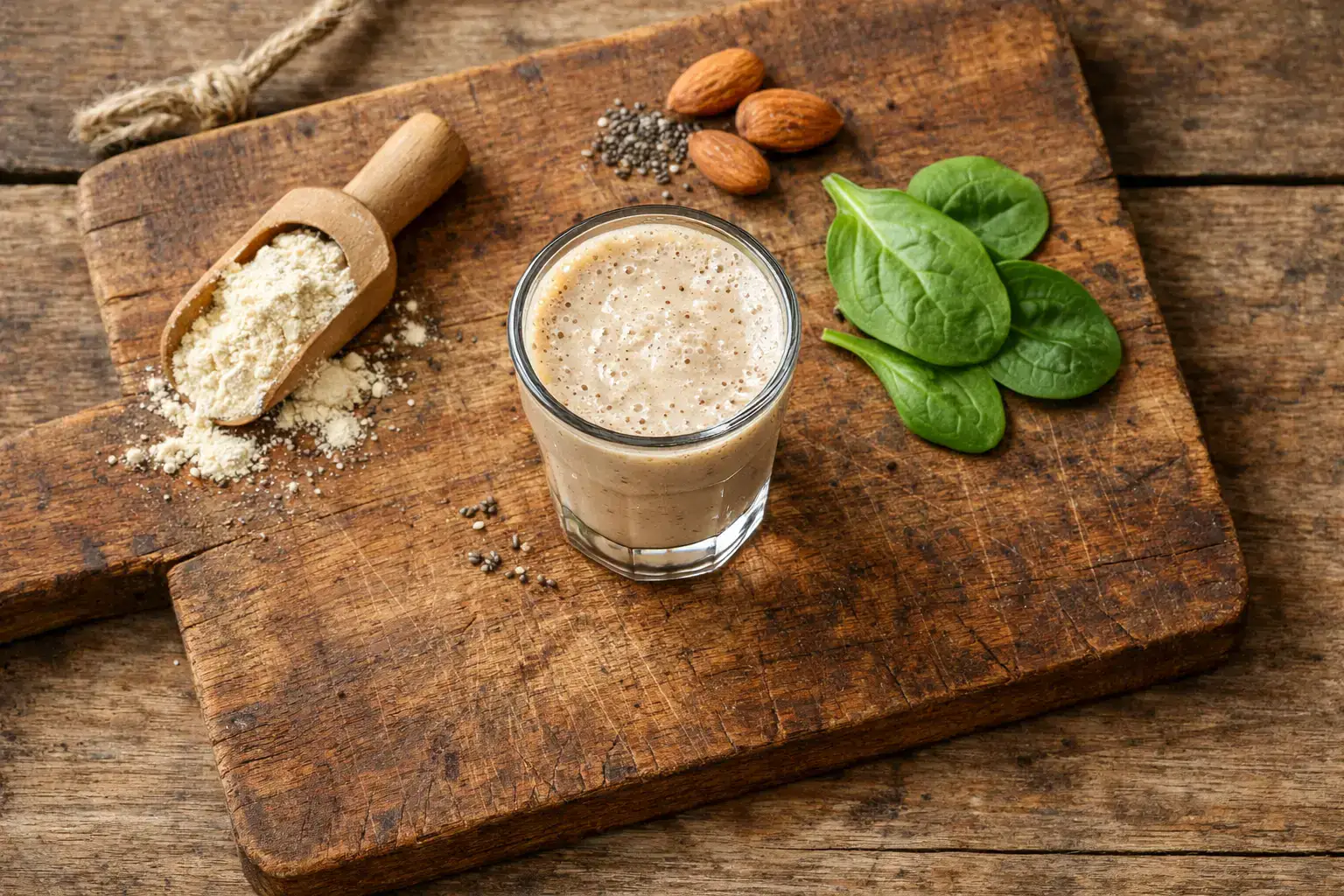 Shot de proteínas fresco sobre mesa de madera rústica - 63 calorías por ración de 100 ml