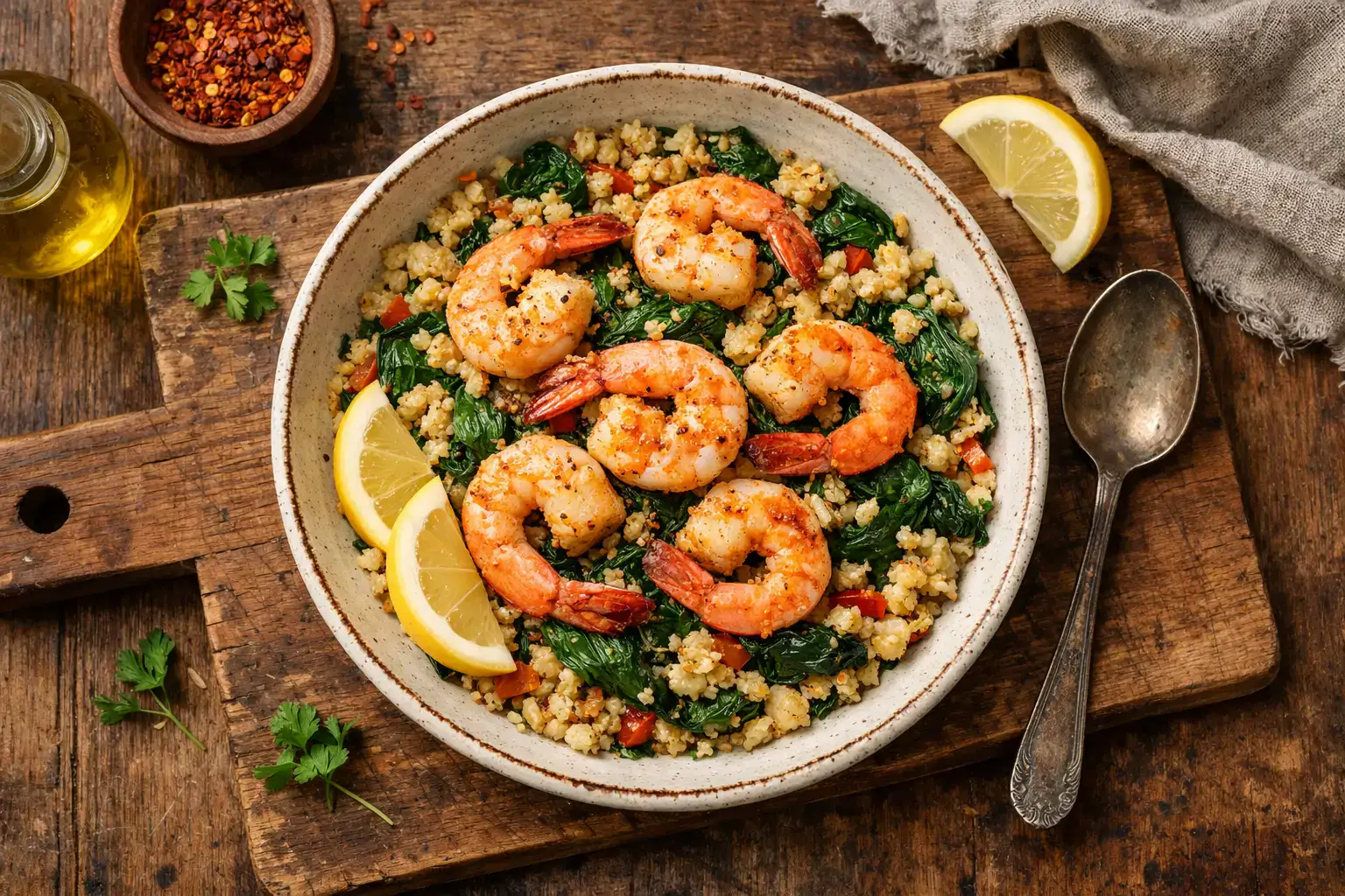 M&S Nutrient Dense Prawn Paella sobre mesa de madera rústica - 304 calorías por porción