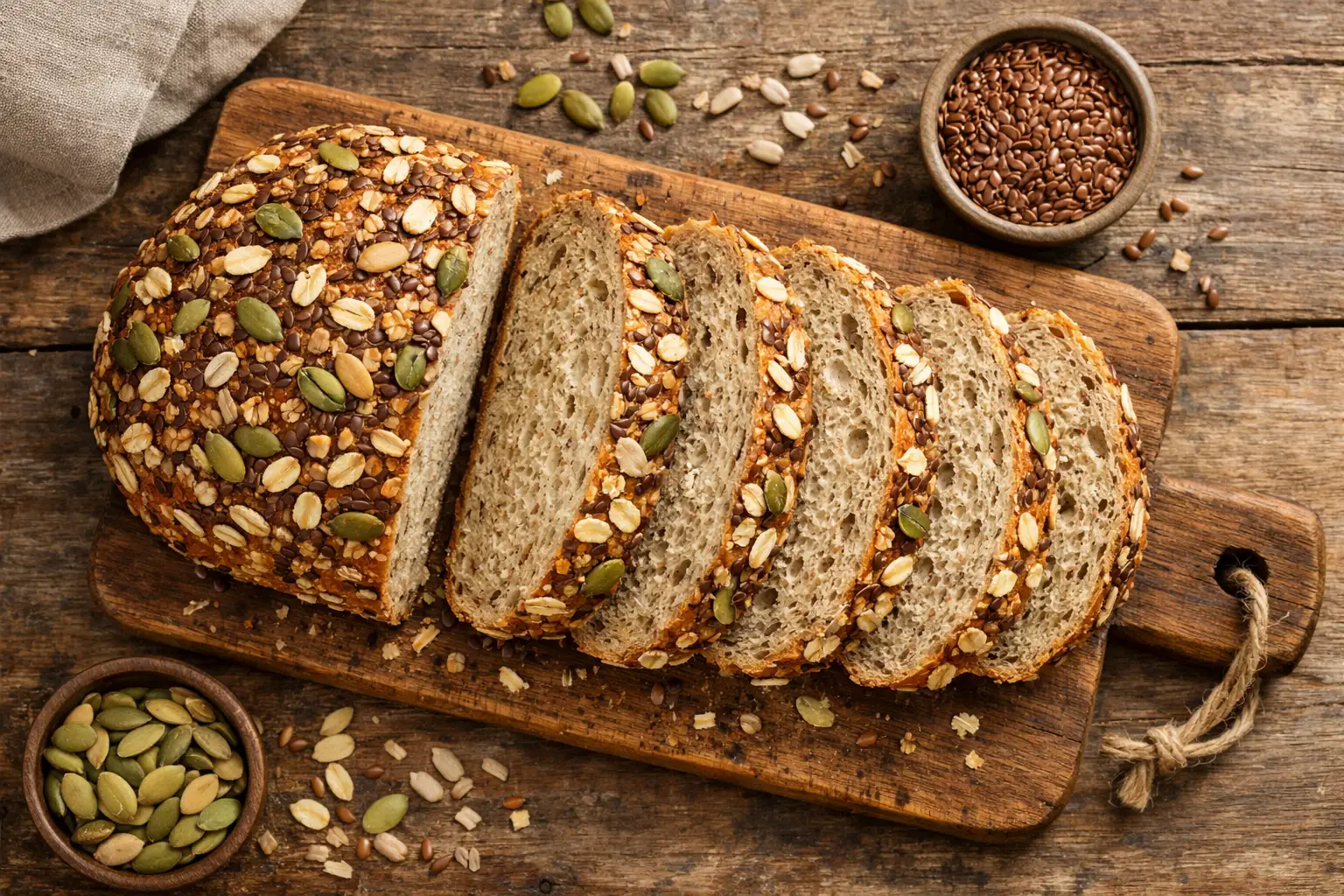 M&S Nutrient Dense Super Seeded Oaty Bread on rustic wooden table - 166 calories per slice