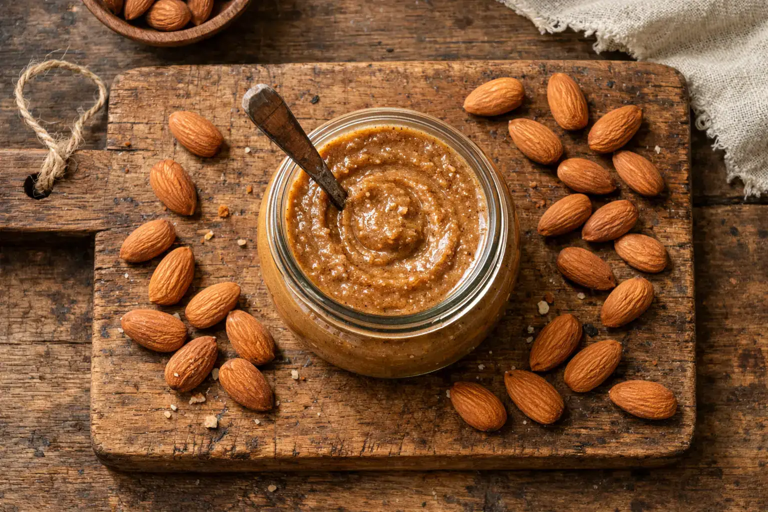 M&S Plant Kitchen Almond Creamy Spread on rustic wooden table - 620 calories per 100g