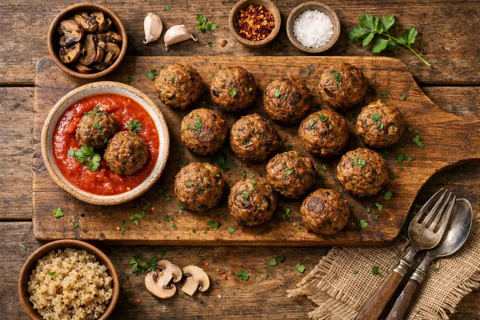 M&S Plant Kitchen Mushroom No-Meatballs on rustic wooden table - 180 calories per 100g