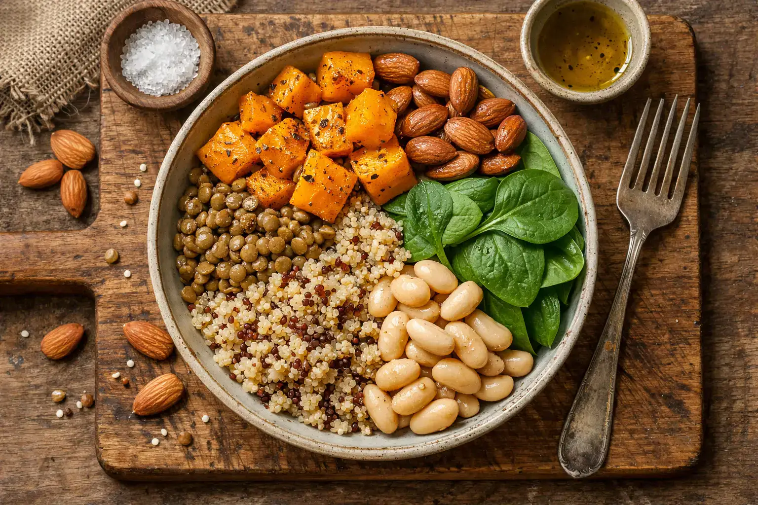 Pot frais M&S Roasted Butternut & Almond Grains sur table en bois rustique - 358 calories par pot