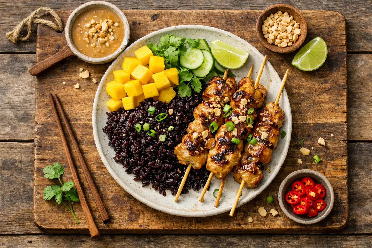 ताज़ा M&S satay chicken black rice रस्टिक लकड़ी की टेबल पर - प्रति 290g सर्विंग 380 कैलोरी