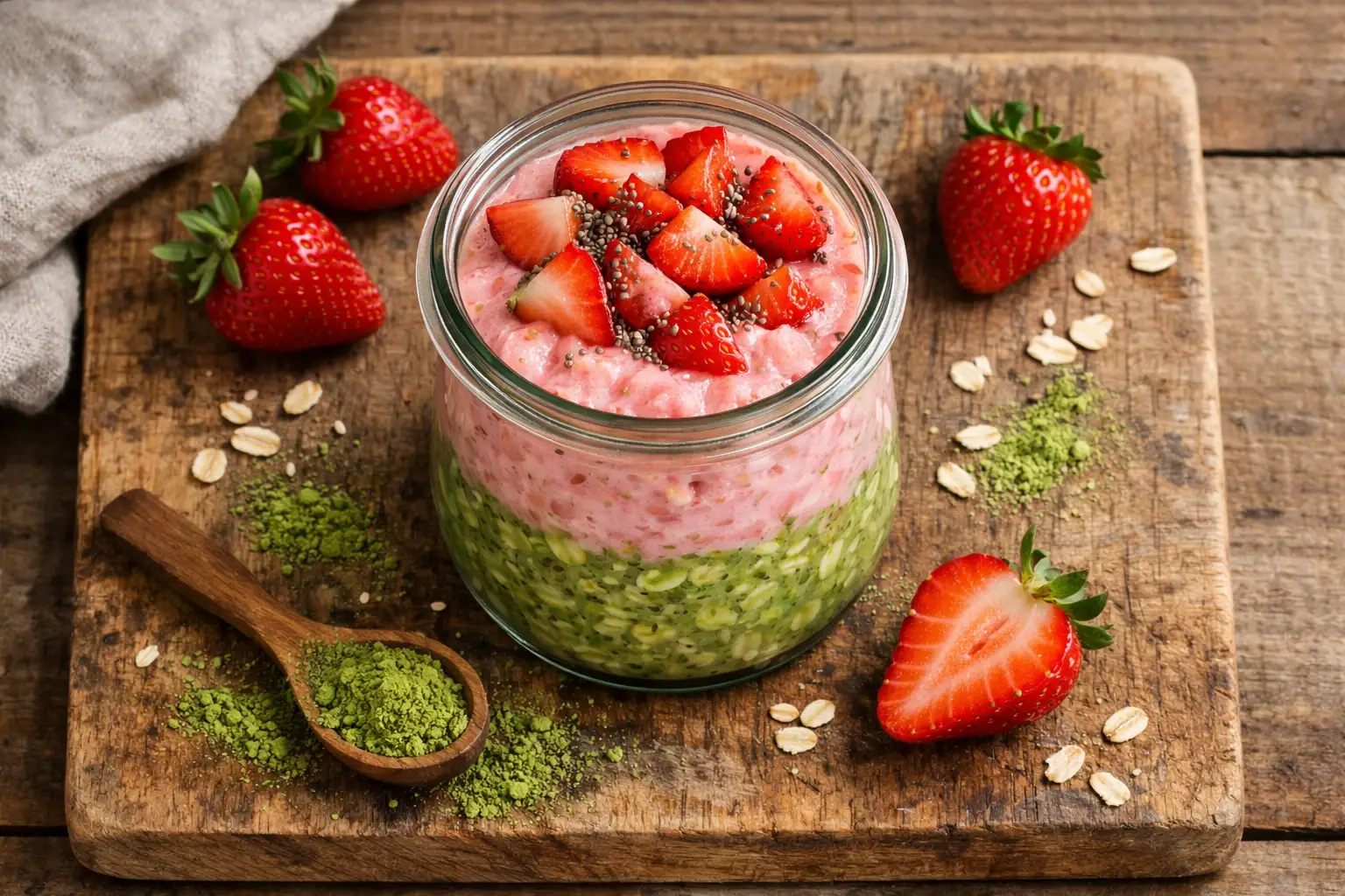 रस्टिक लकड़ी की टेबल पर ताज़ा M&S Strawberry Matcha Overnight Oats - प्रति पॉट 266 कैलोरी
