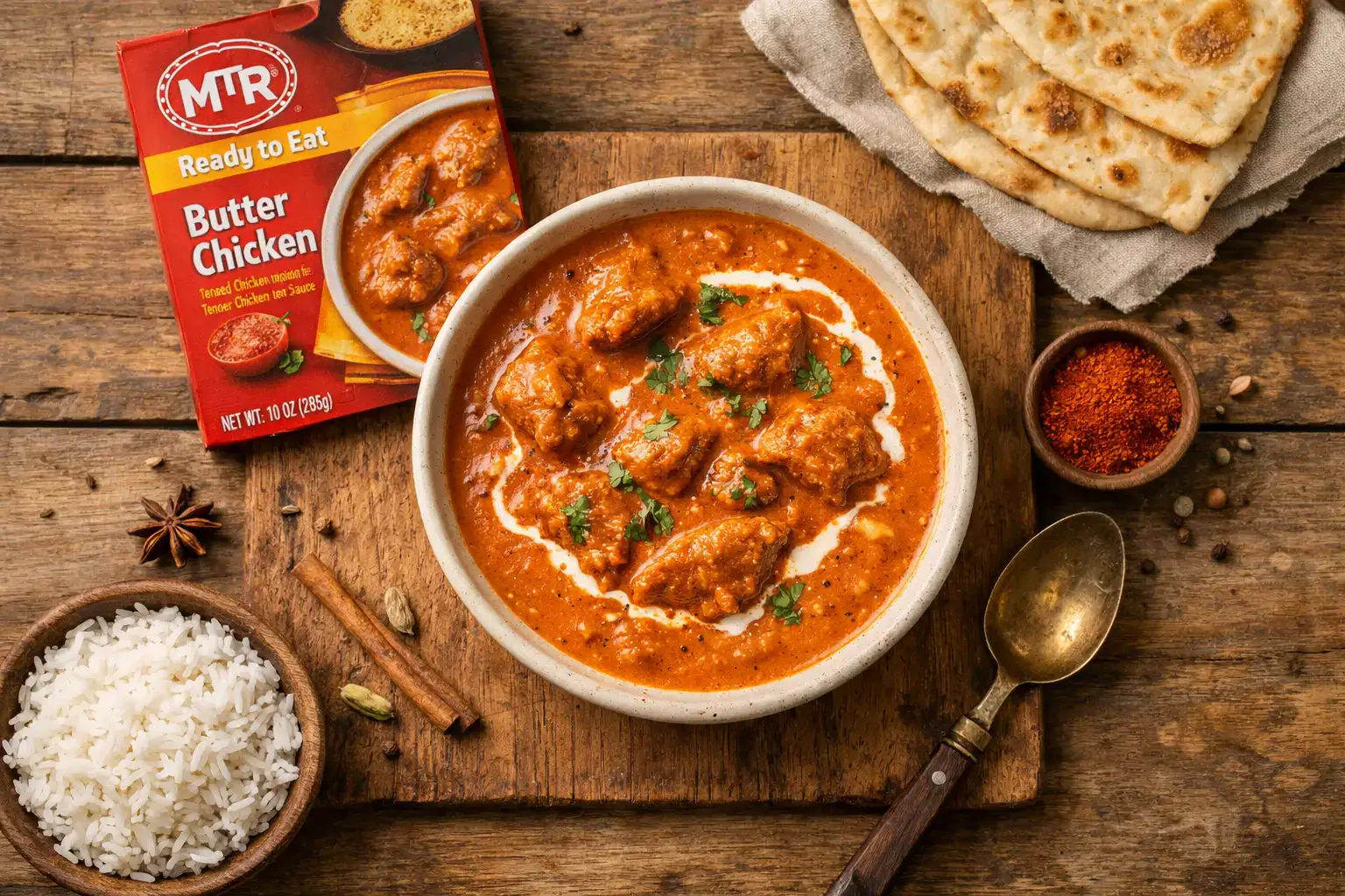 लकड़ी की टेबल पर ताजी MTR बटर चिकन करी - 300g पैक में 180 कैलोरी