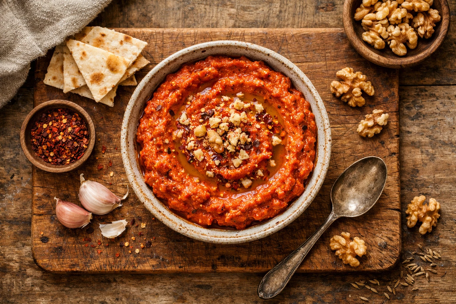 रस्टिक वुडन टेबल पर ताजा मुहम्मरा डिप - 172 कैलोरी प्रति सर्विंग