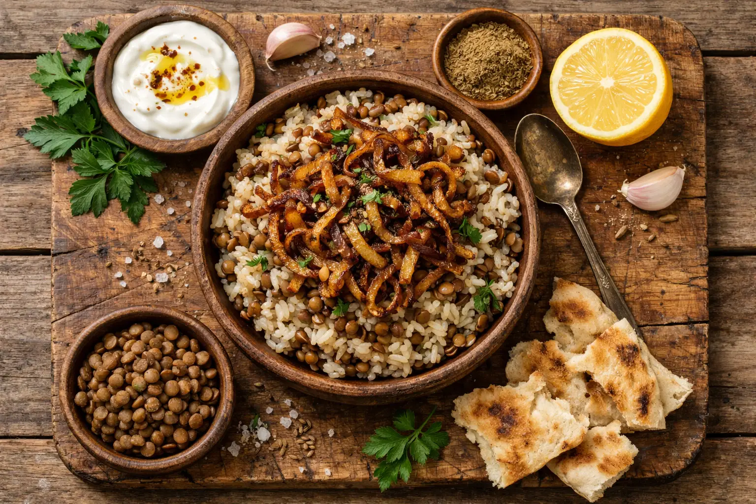Mujaddara frais aux lentilles et riz sur table en bois rustique - 264 calories par tasse