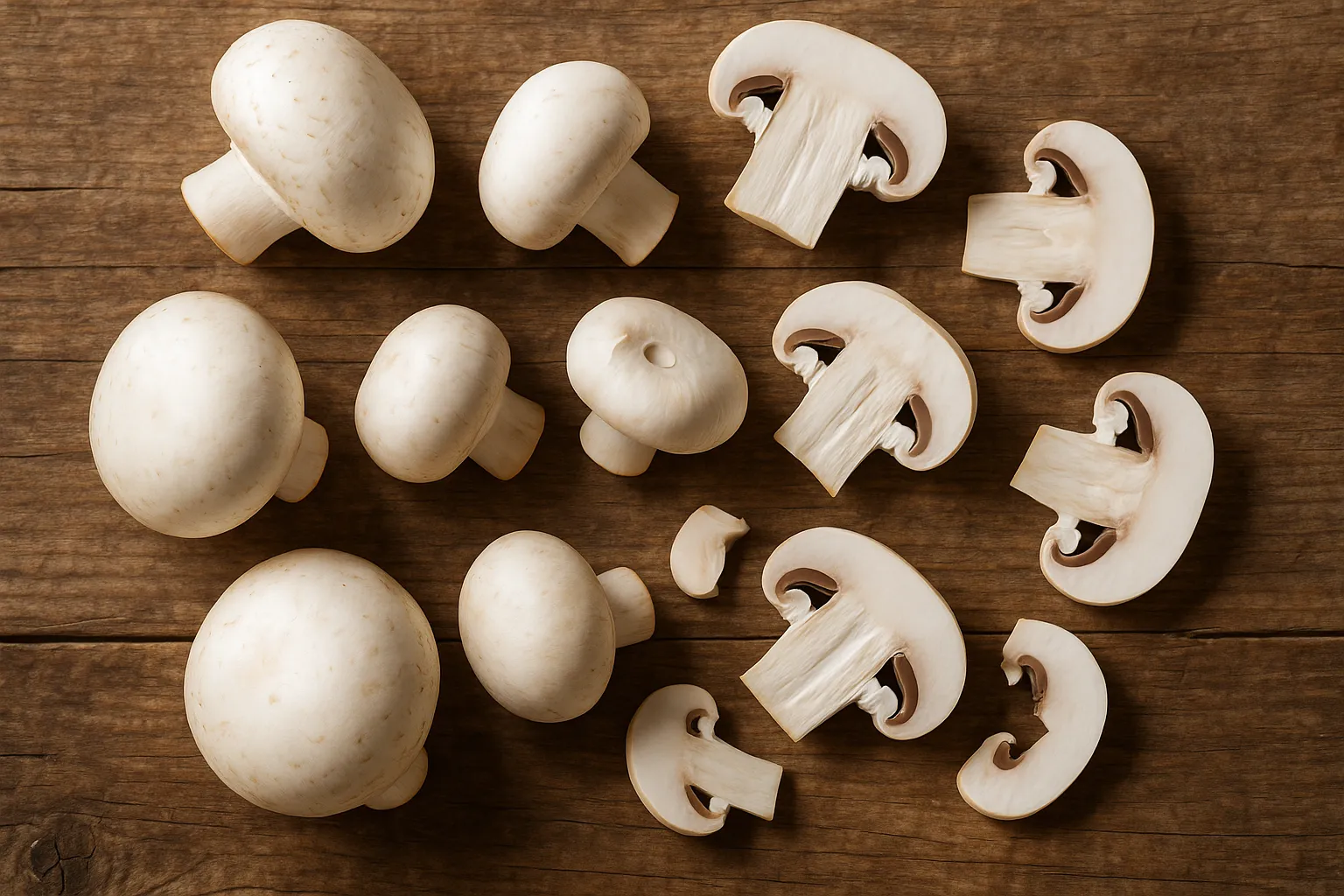 Fresh mushrooms on rustic wooden table - 22 calories per 100g