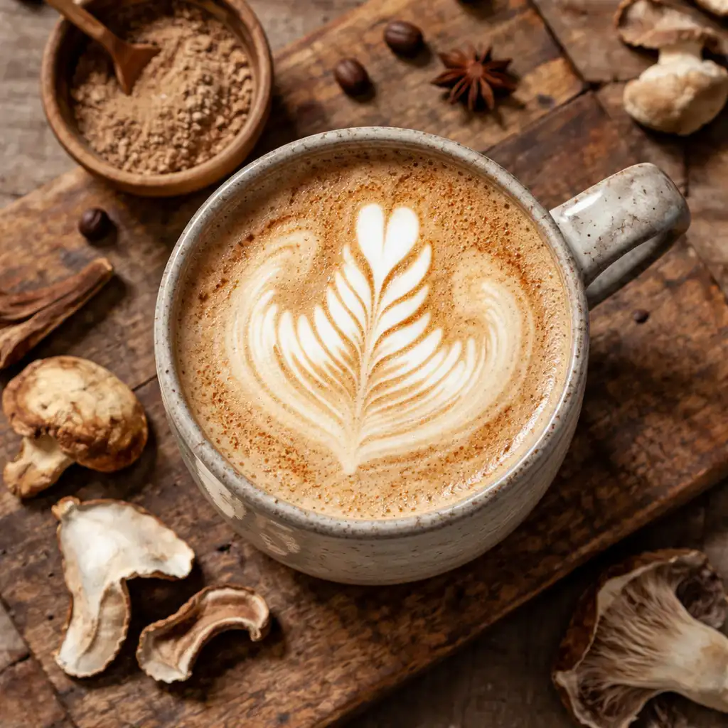 Heißer Pilzkaffee in Keramiktasse auf Holztisch - 5-15 Kalorien pro 8oz-Portion