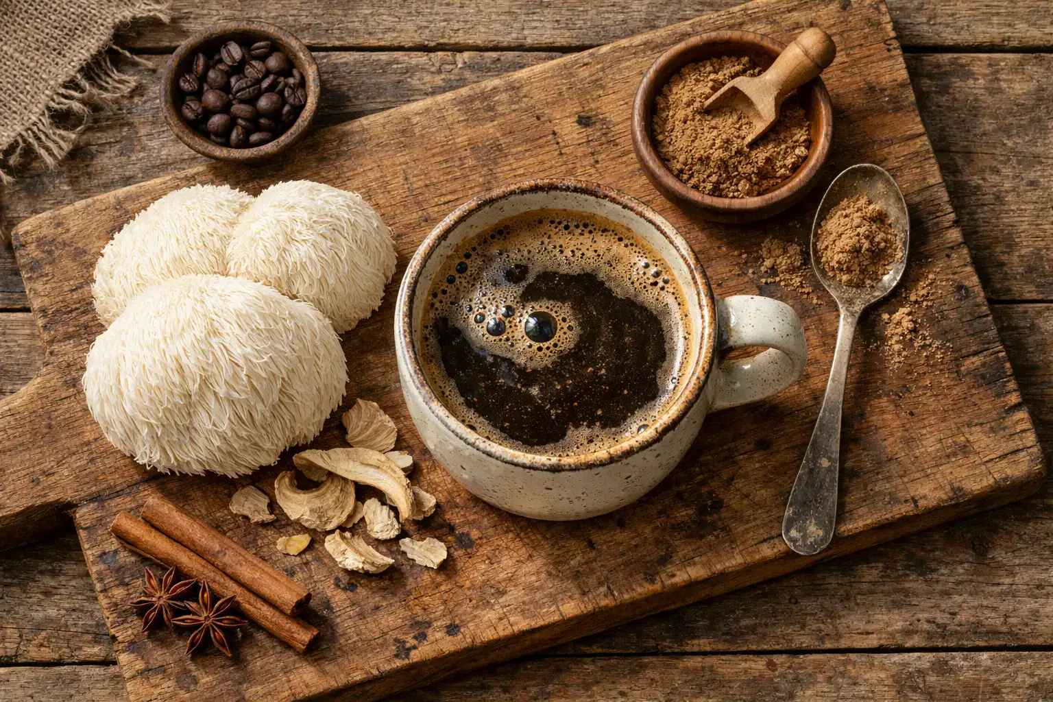 Fresh mushroom coffee with lion's mane on rustic wooden table - 5 calories per cup
