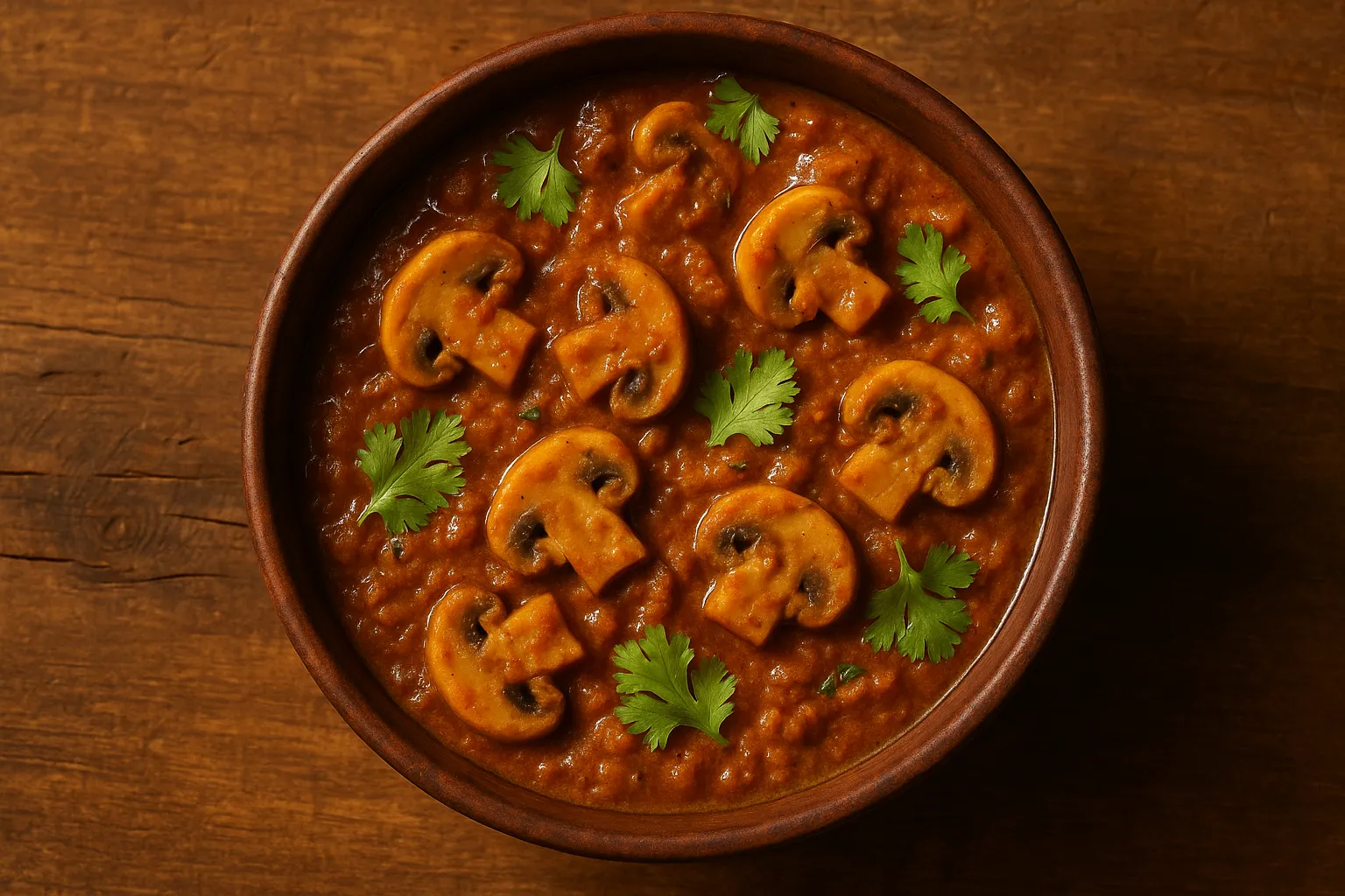 Fresh mushroom masala curry on rustic wooden table - 120 calories per cup