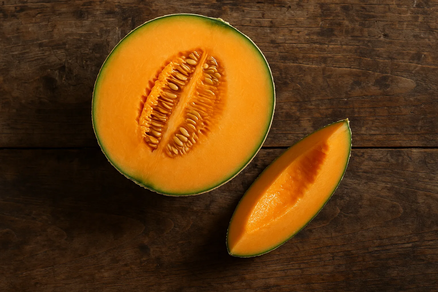 Fresh muskmelon on rustic wooden table - 34 calories per 100g