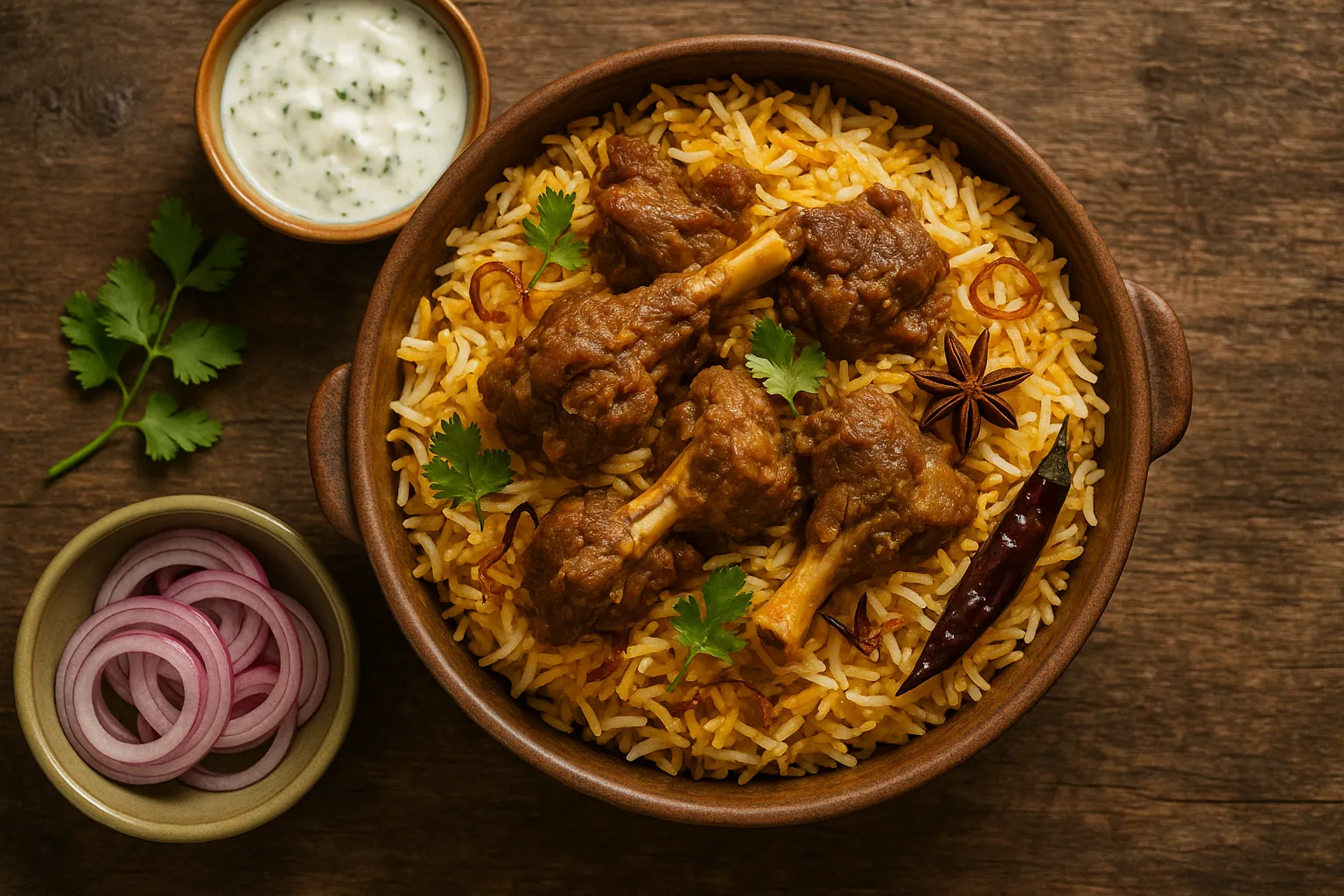 Biryani d'agneau frais sur table rustique en bois - 210 calories par portion