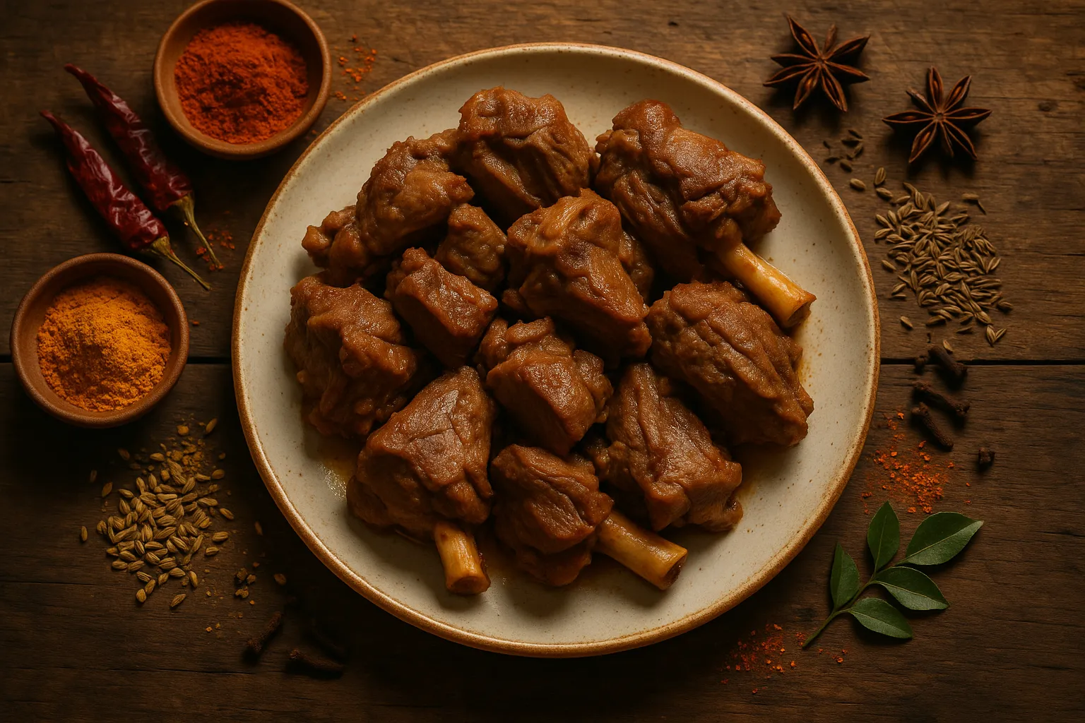 Cooked mutton pieces on ceramic plate - 215 calories per 100g