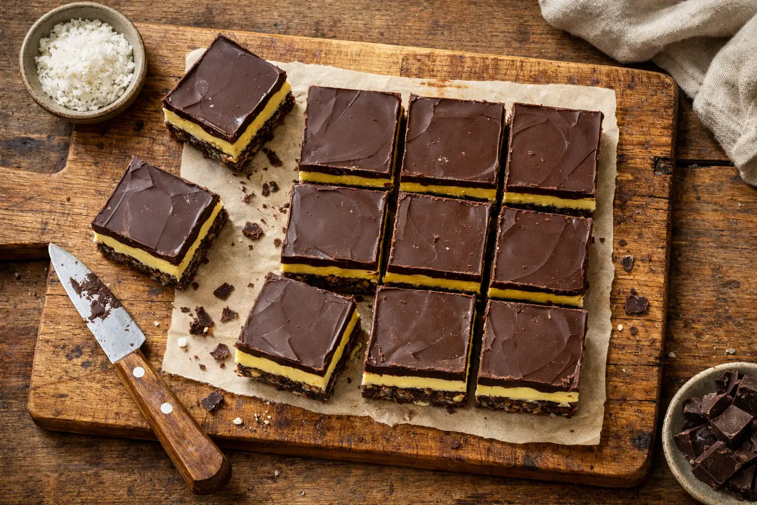 Frische Nanaimo Bars auf rustikalem Holztisch - 260 Kalorien pro Riegel