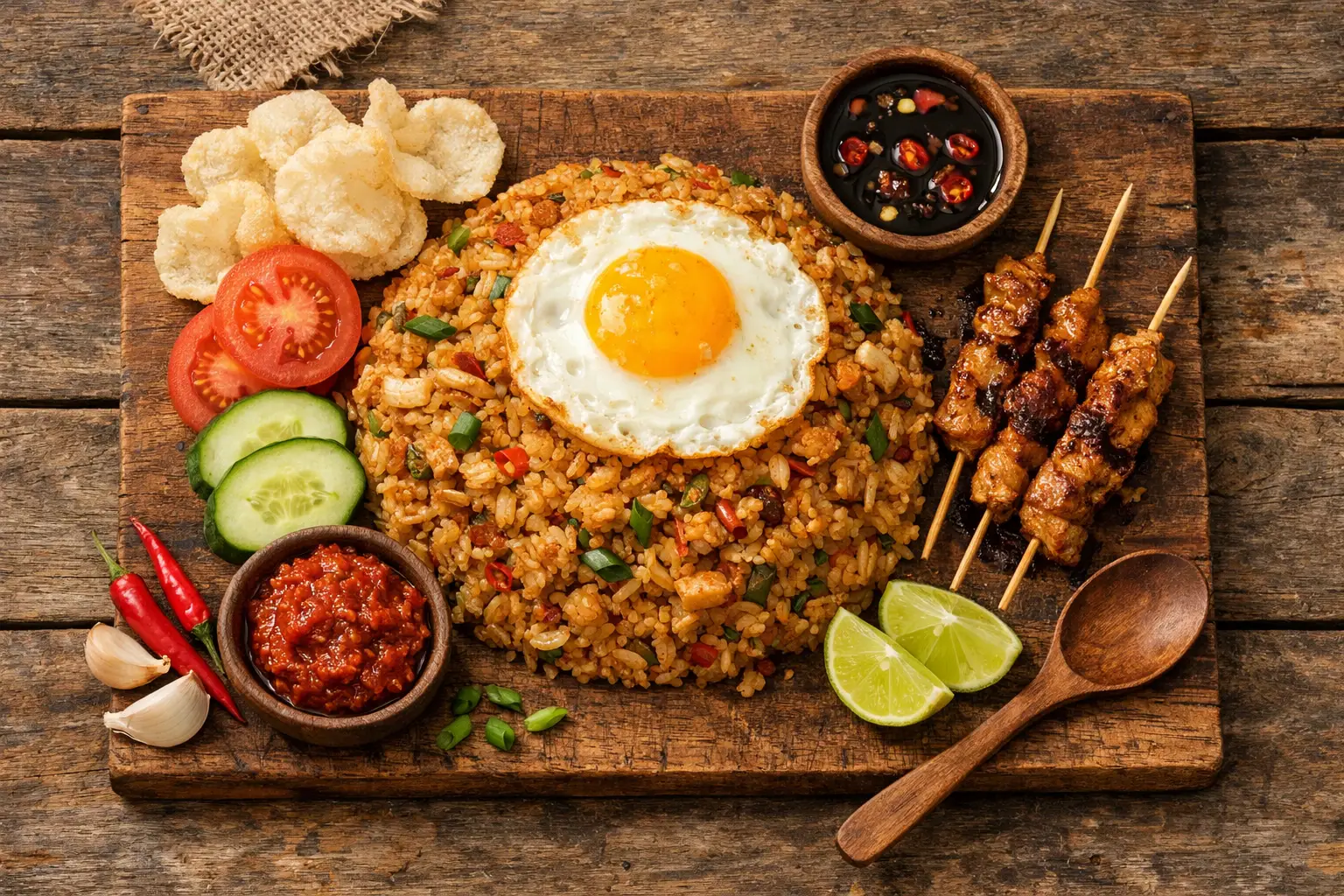 Riz frit indonésien nasi goreng frais sur table en bois rustique - 467 calories par portion