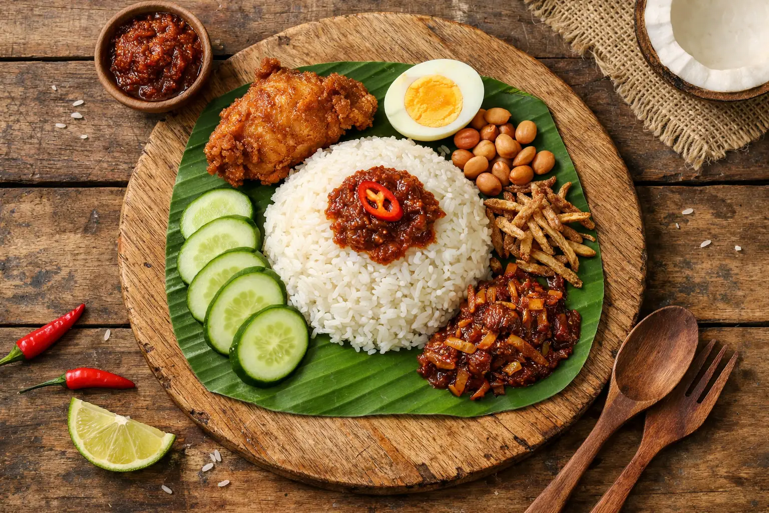 Fresh nasi lemak on rustic wooden table - 348 calories per cup