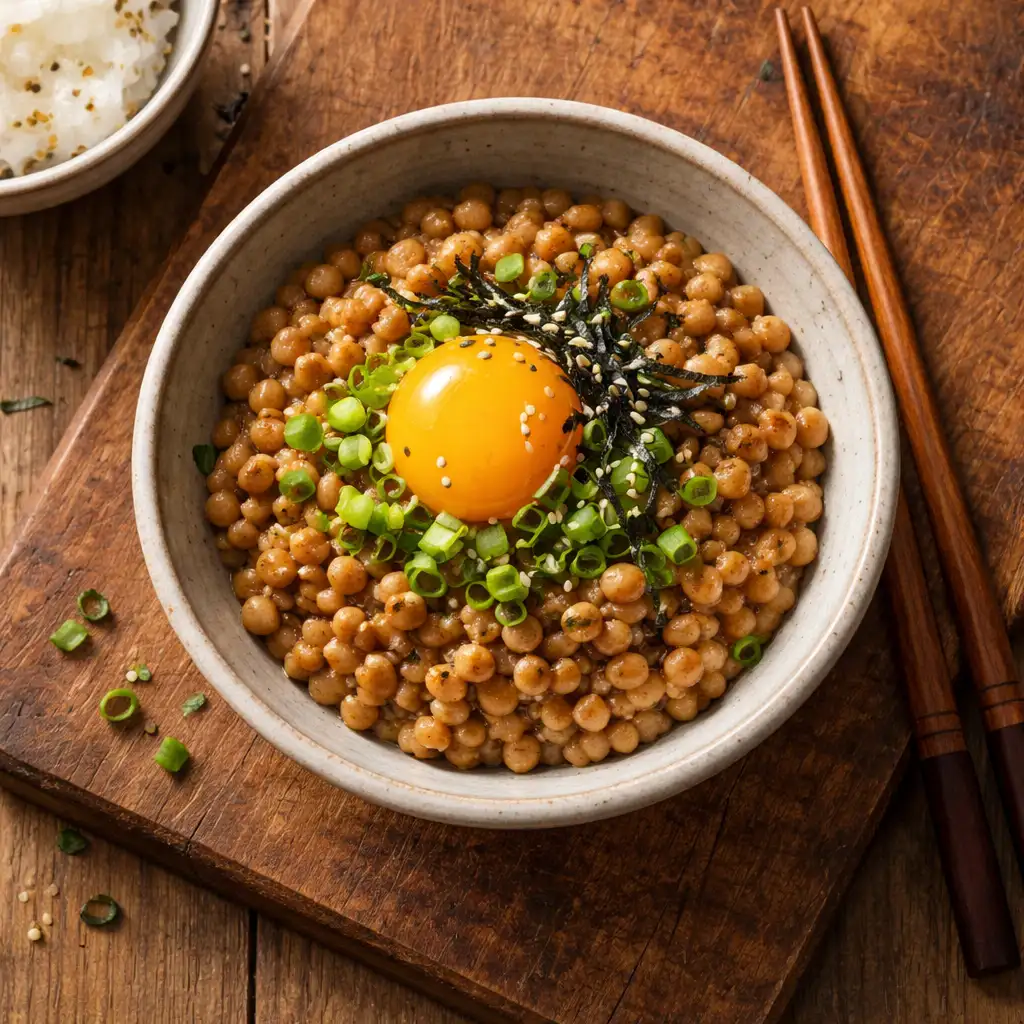 Natto en cuenco tradicional de fermentación sobre mesa de madera - 95 calorías por porción de 50g