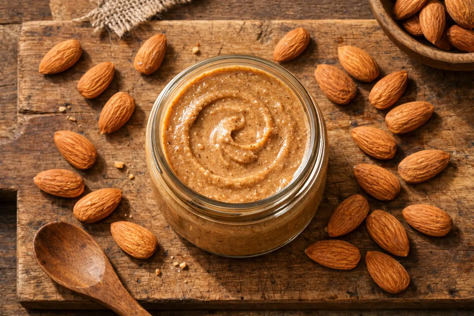 Mantequilla de almendras natural fresca sobre una mesa de madera rústica - 614 calorías por 100 g