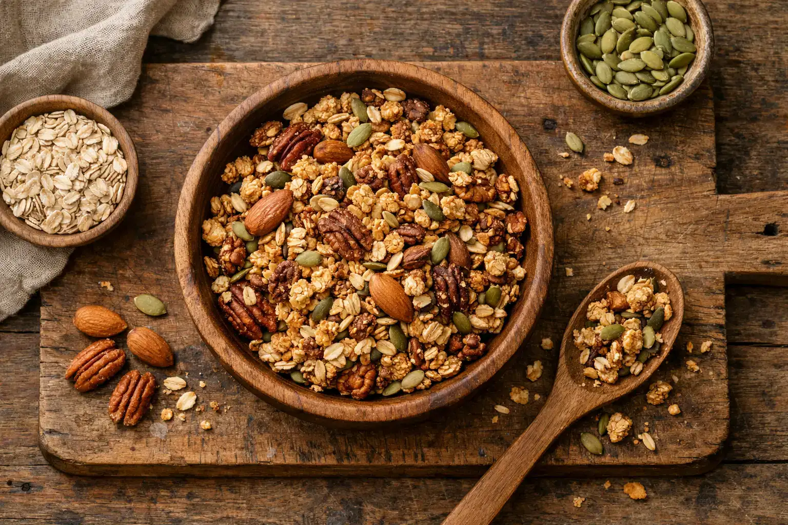 Frisches Bio-Protein-Granola auf rustikalem Holztisch - 200 Kalorien pro 55 g Portion