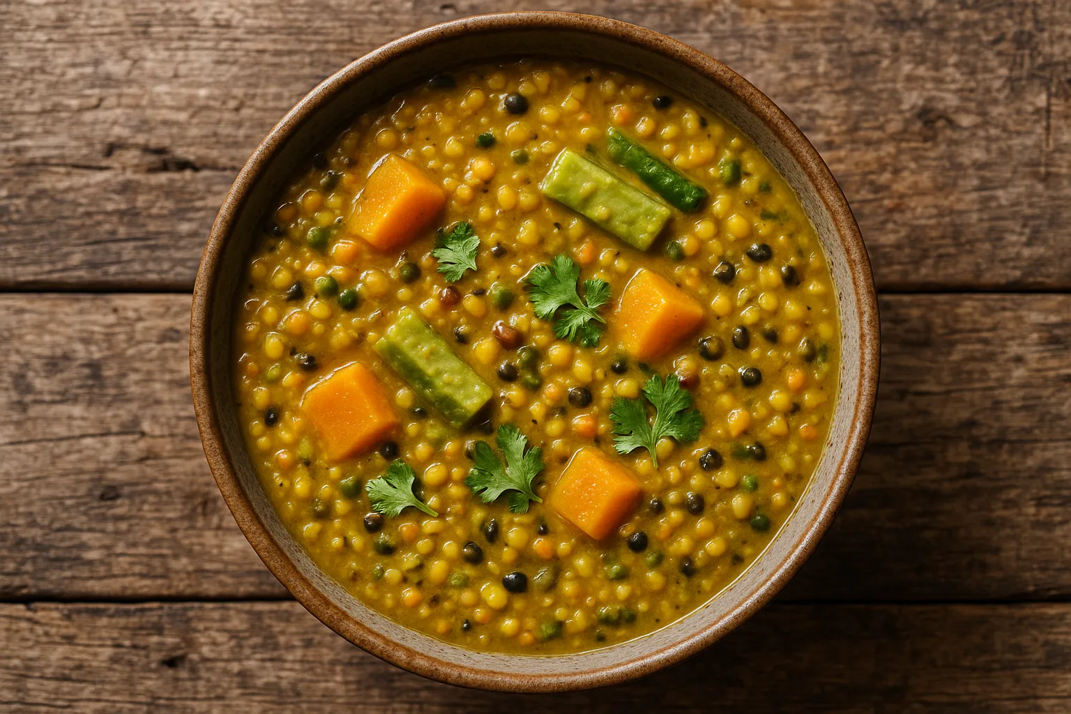 Fresh Navaratna Daal with pumpkin and snake gourd on rustic wooden table - 116 calories per 100g