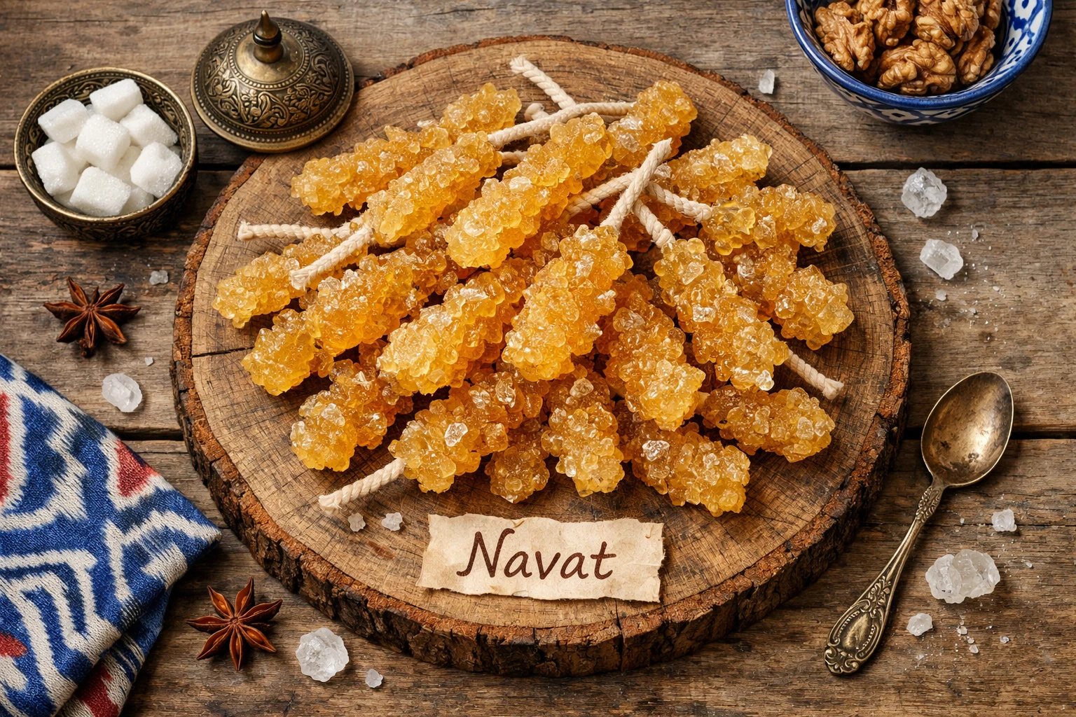Cristaux de navat frais sur table en bois rustique - 380 calories pour 100 g
