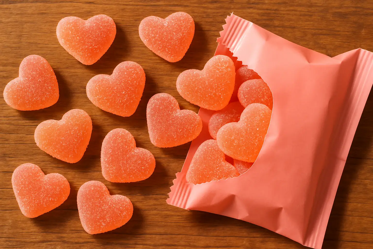 Crown Naemam Molang Heart Peach Gummy 50g pack, Korean heart-shaped peach flavour gummies spilled on wooden surface