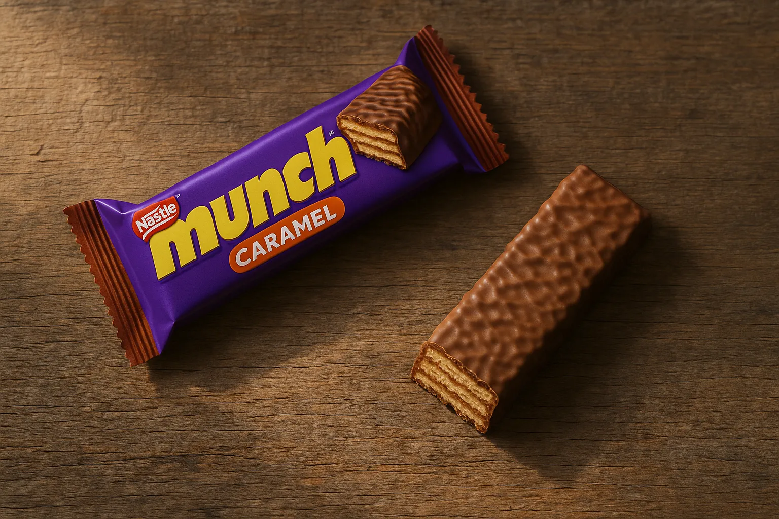 Nestlé Munch chocolate wafer bar on rustic wooden surface - 217 calories per bar