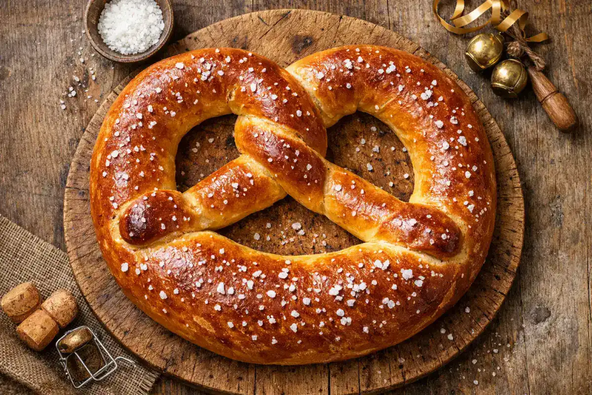 Frische Neujahrsbrezel auf rustikalem Holztisch – 300 Kalorien pro große Brezel