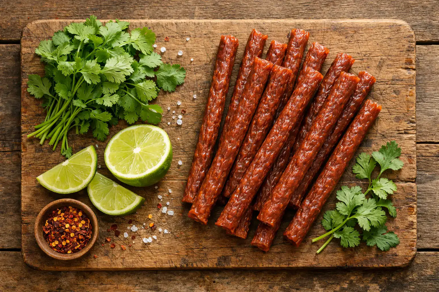 Palitos de pavo frescos con cilantro y lima sobre mesa rústica de madera - 45 calorías por palito