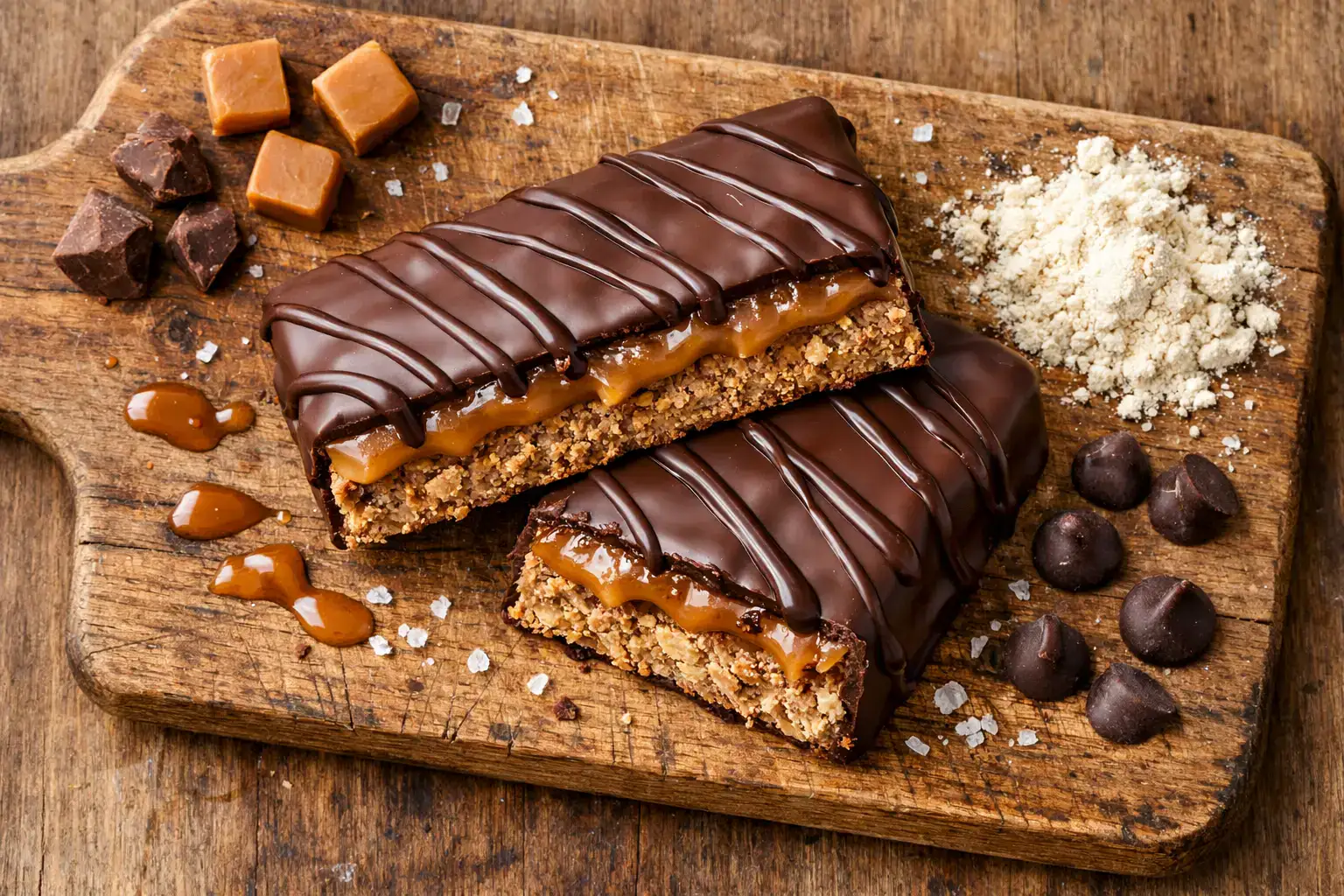 Barre Protéinée N!CK'S Caramel Chocolat sur une table en bois rustique - 190 calories par barre