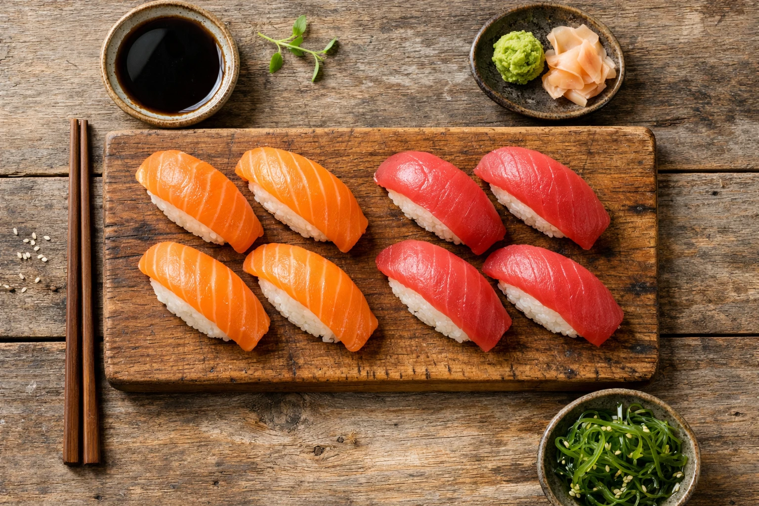 रस्टिक लकड़ी की टेबल पर ताज़ी निगिरी सशिमी - प्रति पीस 45 कैलोरी